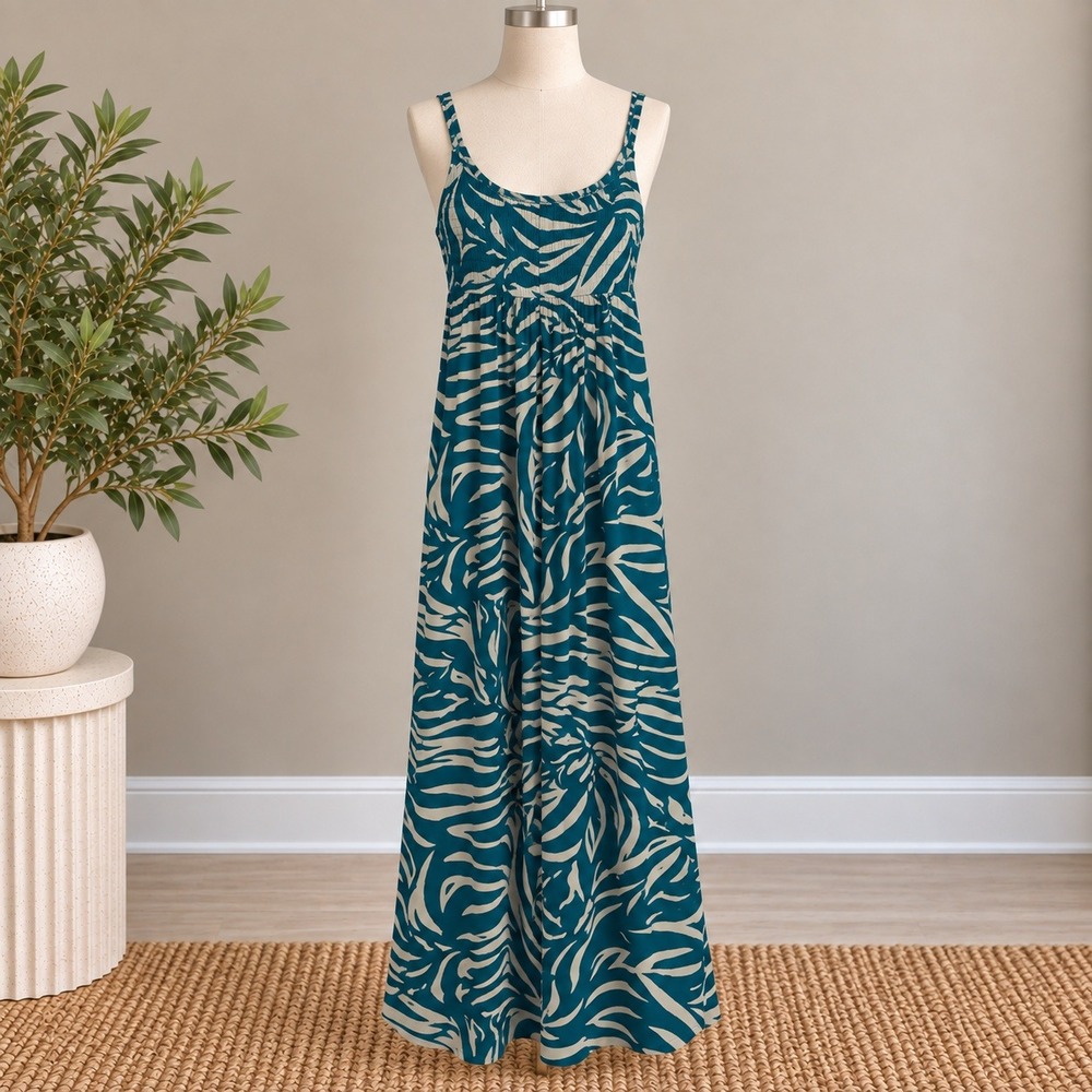 Goa Beachwear by Japna Maxi Dress Teal Zebra Print Smocked Back Sz XS